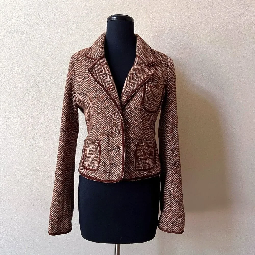 Vintage Abercrombie and Fitch Wool Herringbone Blazer M Velvet Trim Y2K Academia - Picture 11 of 11